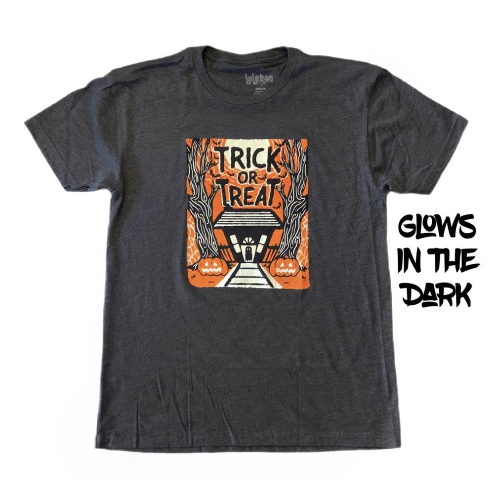 Medium LuLaRoe ROCKER T  Halloween TRICK OR TREAT Gray Fits 10/12 Cotton